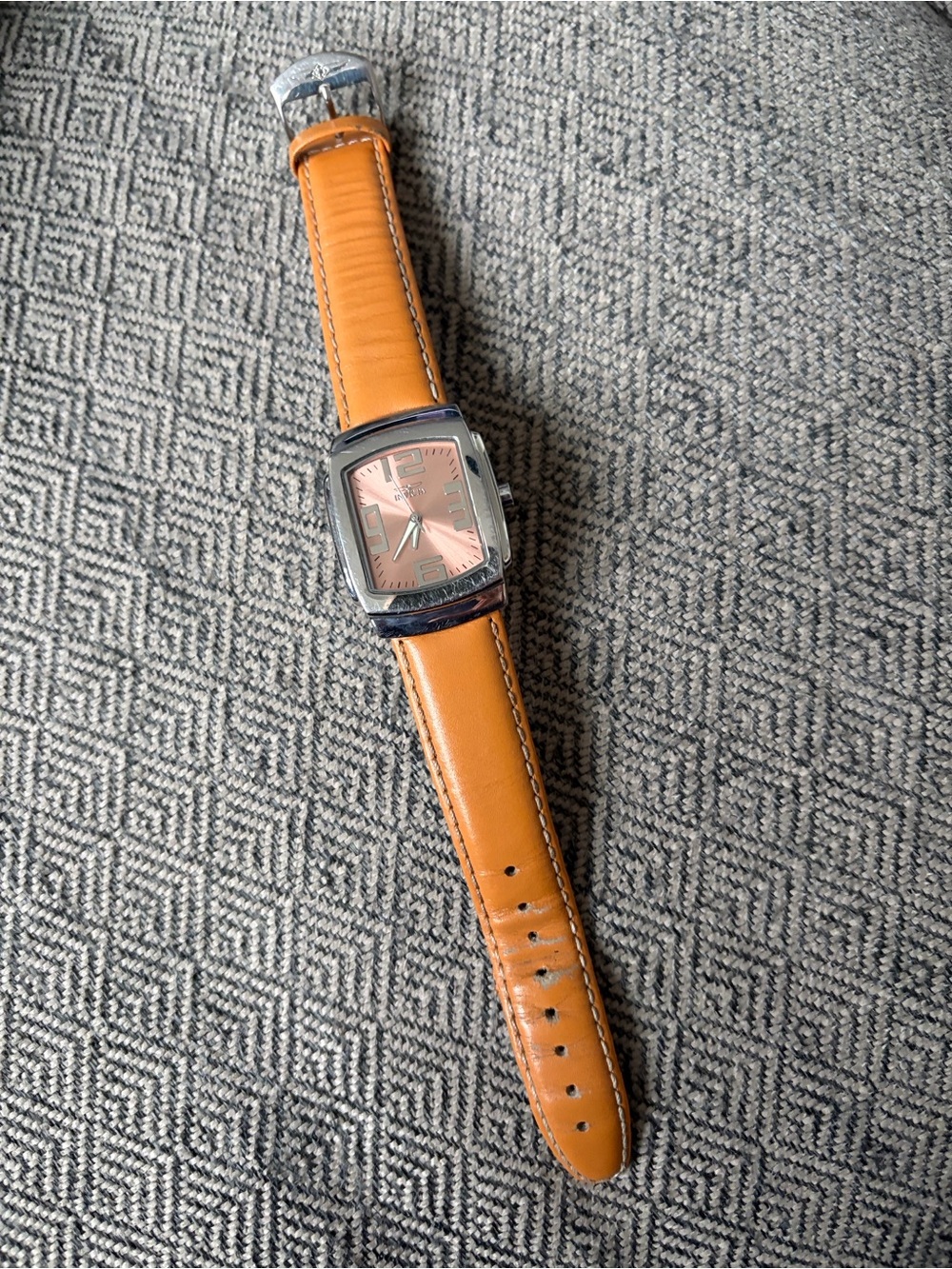 Men's Square Case Watch with Orange Leather Strap